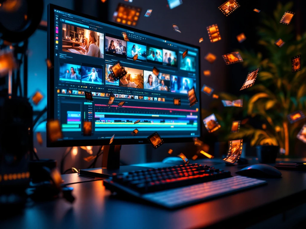 Professionele videobewerkingssetup met tijdlijn op monitor, toetsenbord en zwevende filmstrips in blauw-oranje studio