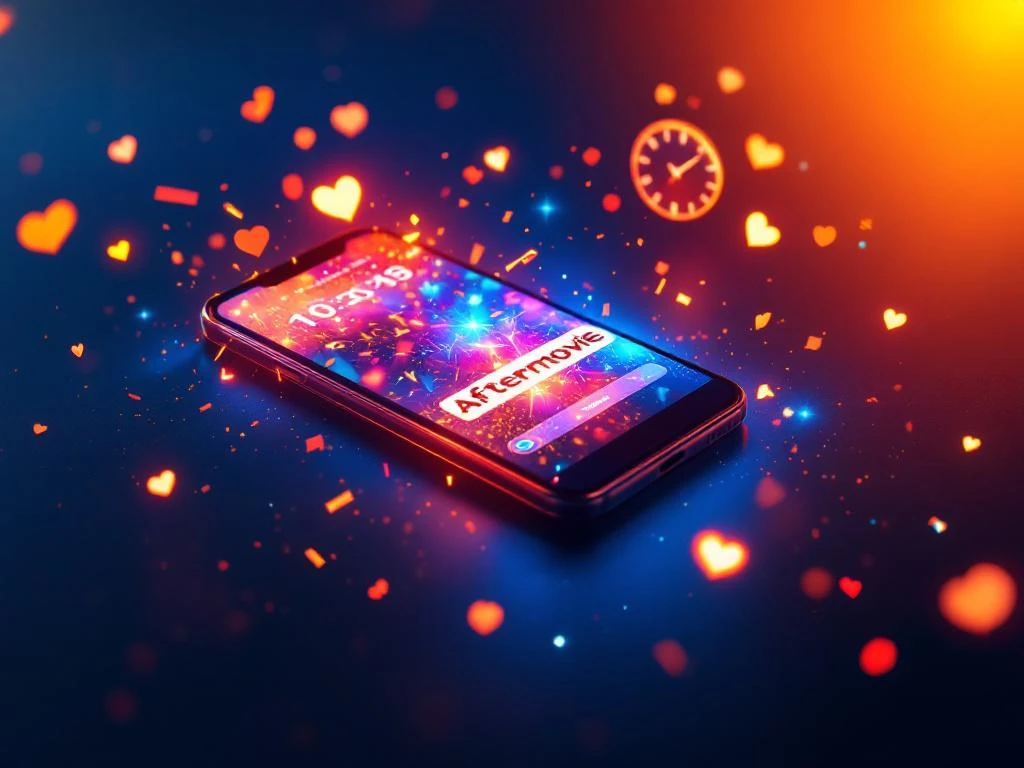 Smartphone met aftermovie-thumbnail omringd door holografische klokken en 3D social media iconen in blauw-oranje tinten