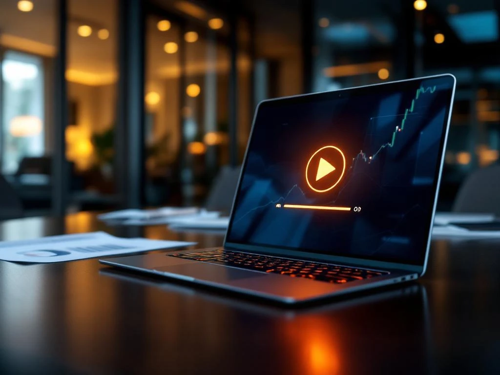 Laptop met gepauzeerde bedrijfsvideo en oranje afspeelknop op vergadertafel in moderne boardroom