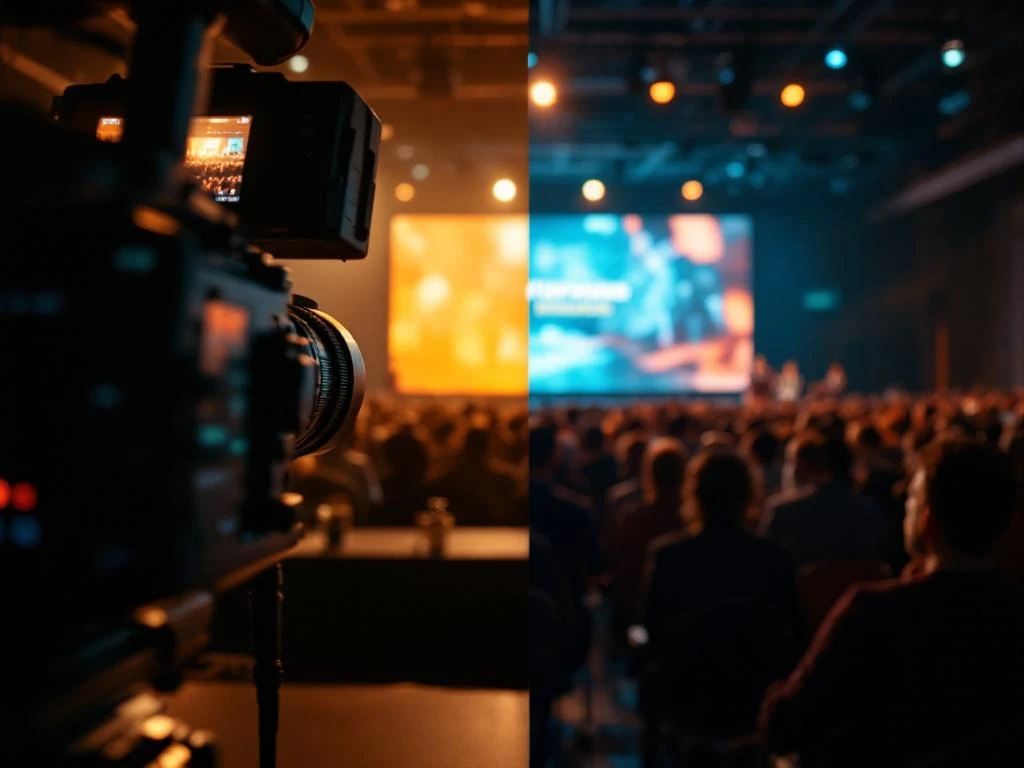Professionele videoproductie van bedrijfsevenement tot aftermovie op groot scherm met warm podiumlicht en cameralens