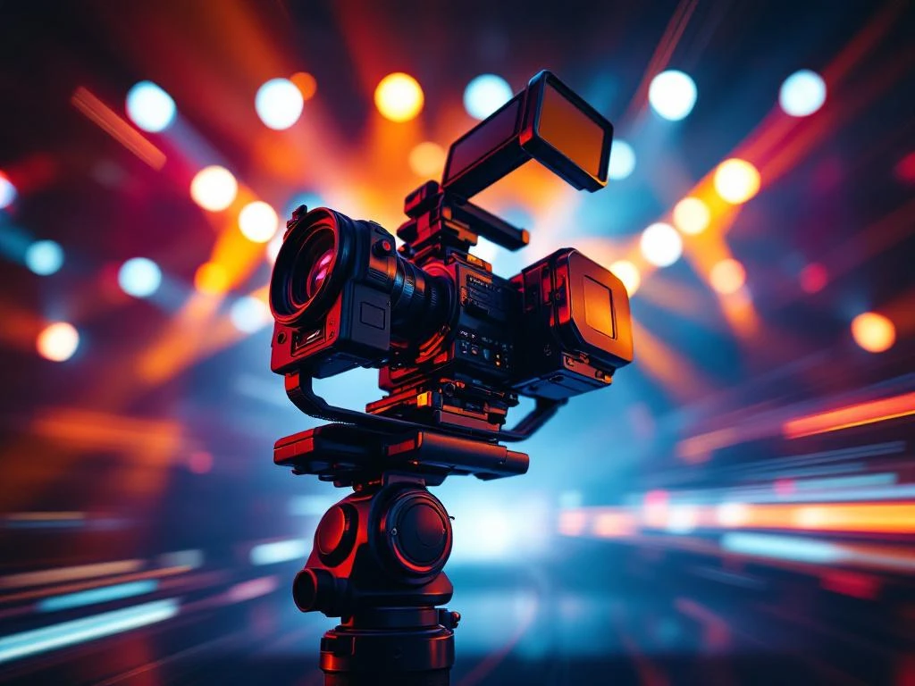 Professionele filmcamera op gimbal stabilisator met motion blur tegen kleurrijke evenementenlocatie met bokeh lichteffecten