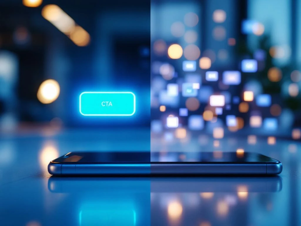 Smartphone met videospeler op bureau, enkele blauwe CTA-knop in focus tegenover meerdere wazige knoppen