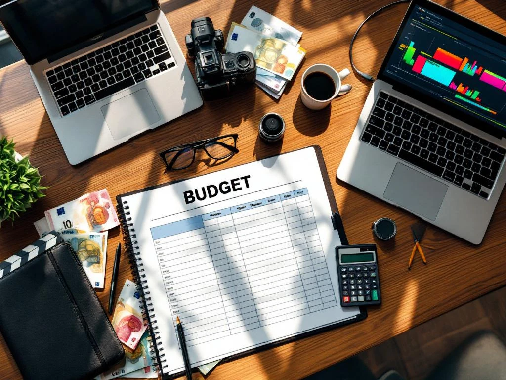 Houten bureau met budgetspreadsheet, eurobiljetten, videocamera en laptop met bewerkingssoftware voor filmproductie