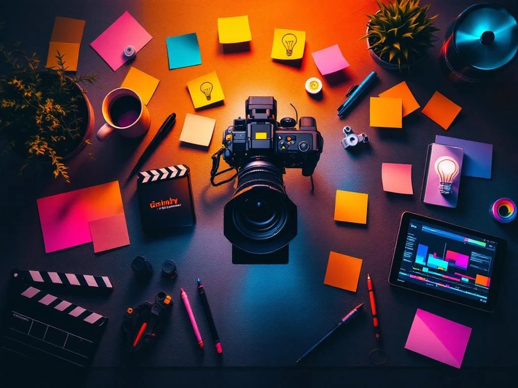 Professionele videocamera op creatieve werkplek met filmapparatuur, tablet en kleurrijke notities in warm licht