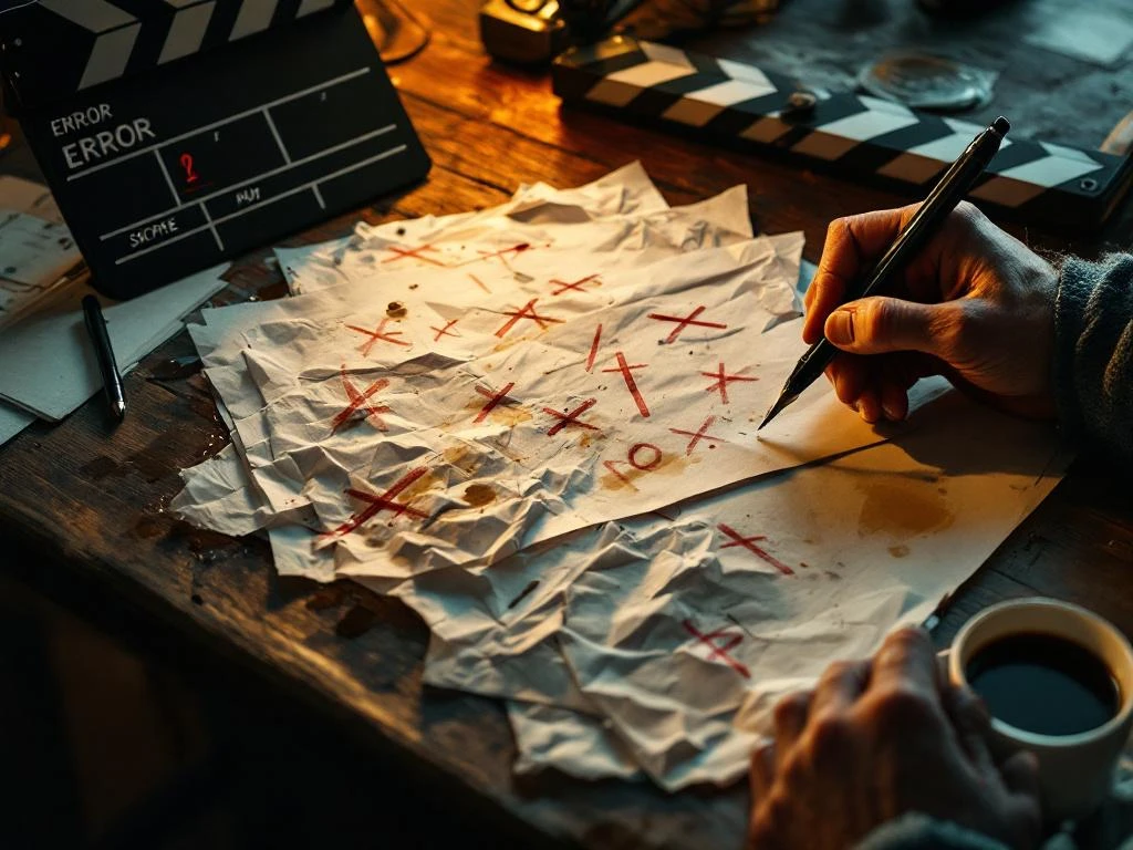 Filmregisseur's werkruimte met doorgestreept script, klapbord met foutsymbool en gemorste koffie op bureau
