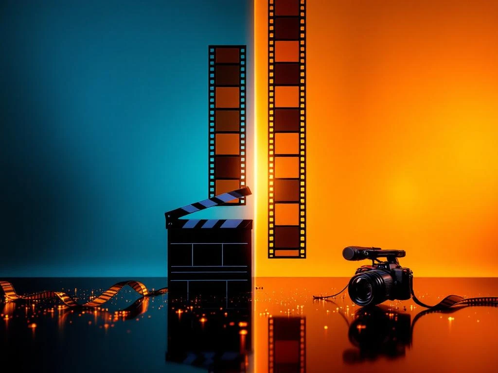 Twee filmstrips van verschillende lengtes zwevend boven filmklapper en camera met blauw-oranje achtergrond