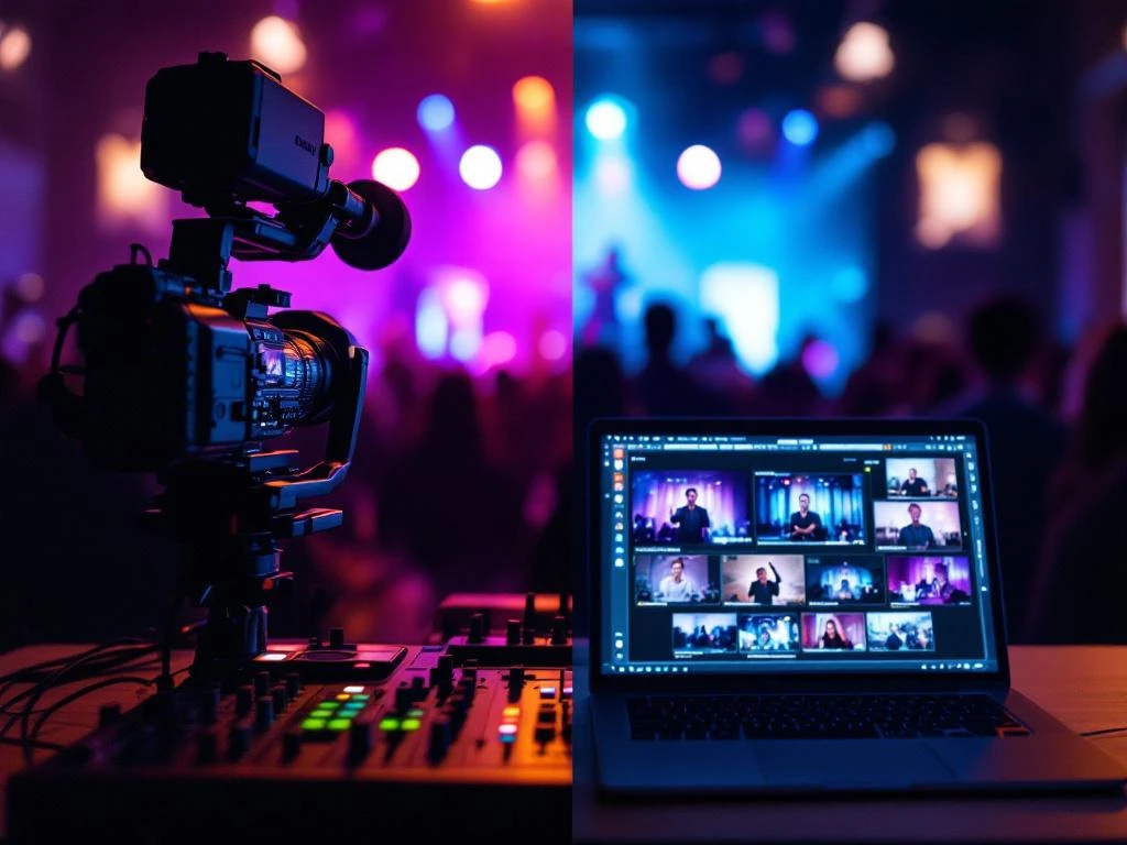 Hybride evenementopstelling met professionele camera, mixing console en laptop met livestream interface onder paars en blauw licht