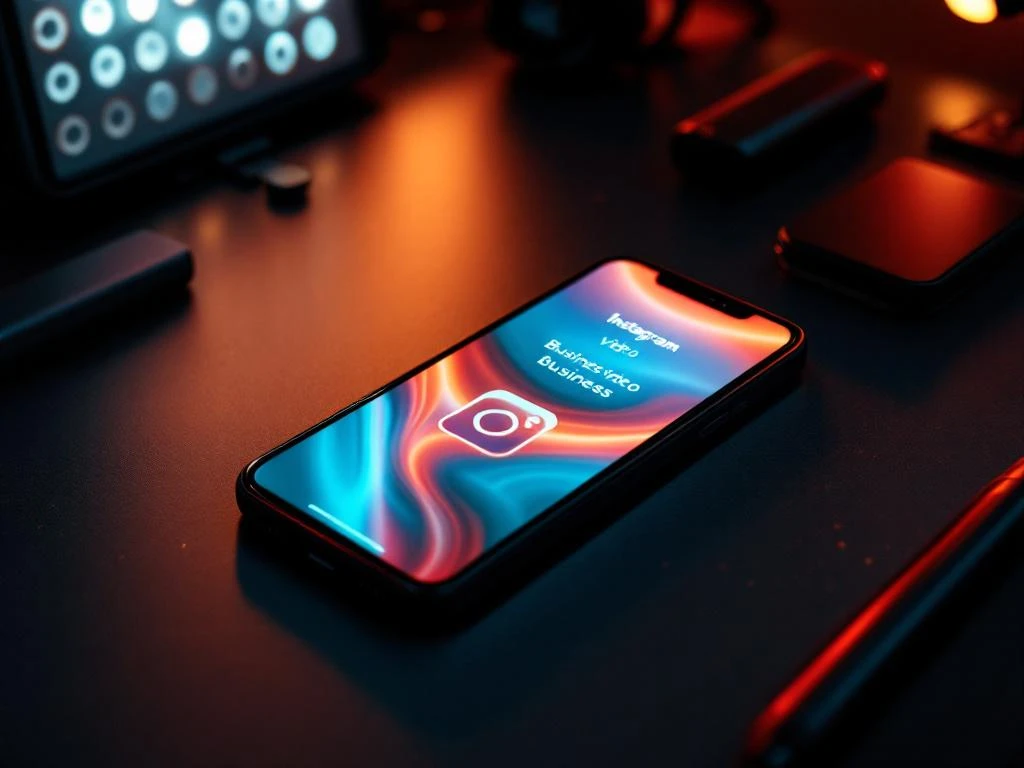 Smartphone met Instagram-interface omgeven door professionele video-apparatuur op zwart bureau met dramatische belichting