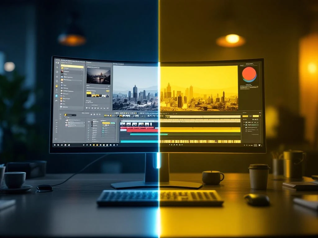 Split-screen vergelijking van slechte versus goede kleurcontrasten op videobewerking monitors met timeline interface