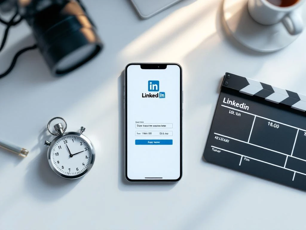 Smartphone met LinkedIn-app op wit bureau met stopwatch, filmklapper en videoapparatuur op de achtergrond