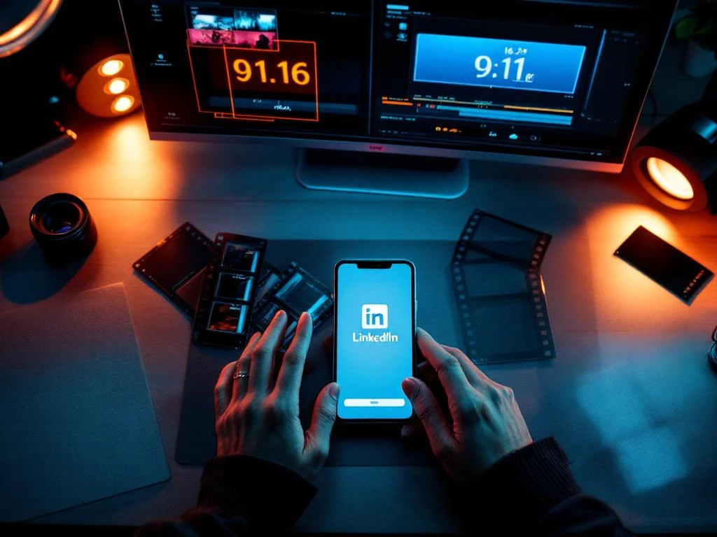 Smartphone met LinkedIn-interface op bureau met videobewerking monitor, camera lens en filmapparatuur in studioverlichting


---

**Feedback Request**: Would you like me to adjust the length, add more specific details, or modify the keyword focus?