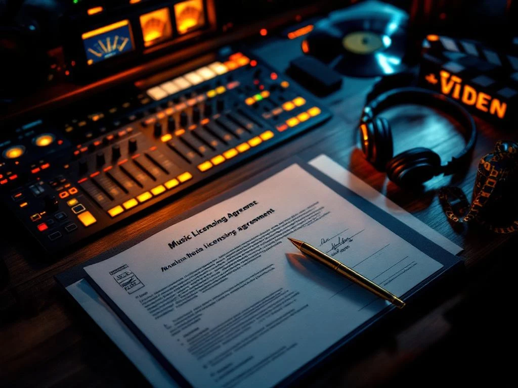 Muzieklicentieovereenkomst op laptop bij professionele studiomengpaneel met vinylplaten en koptelefoon