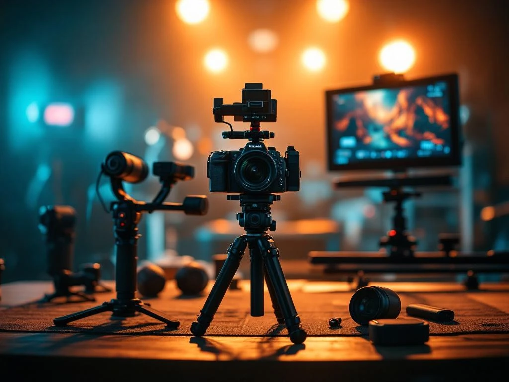 Professionele filmcamera op statief met productieapparatuur in dramatische oranje en blauwe verlichting