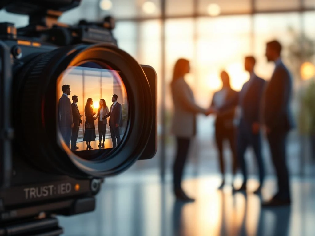 Professionele videocameralens met reflectie van zakelijke professionals in modern kantoor met warme belichting