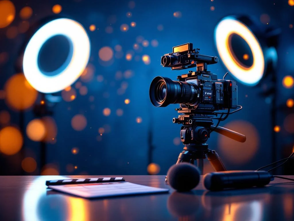 Professionele filmapparatuur met bioscoopkamera op statief, ringlampen en softboxen in gouden en blauwe tinten