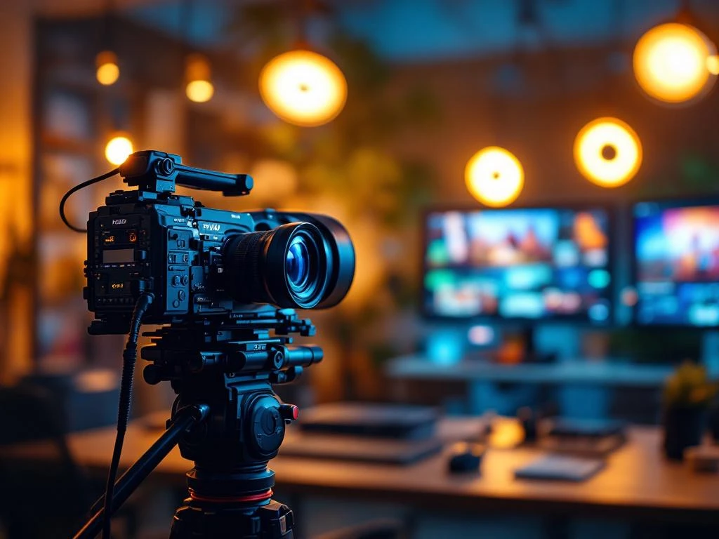 Professionele filmcamera op statief in videoproductiestudio met softbox verlichting en monitorapparatuur