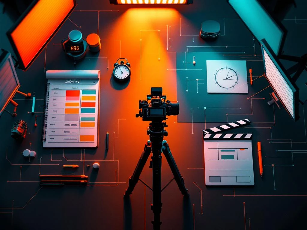 Filmproductie-opstelling van bovenaf met camera op statief, klapbord, planning en LED-verlichting in oranje en teal