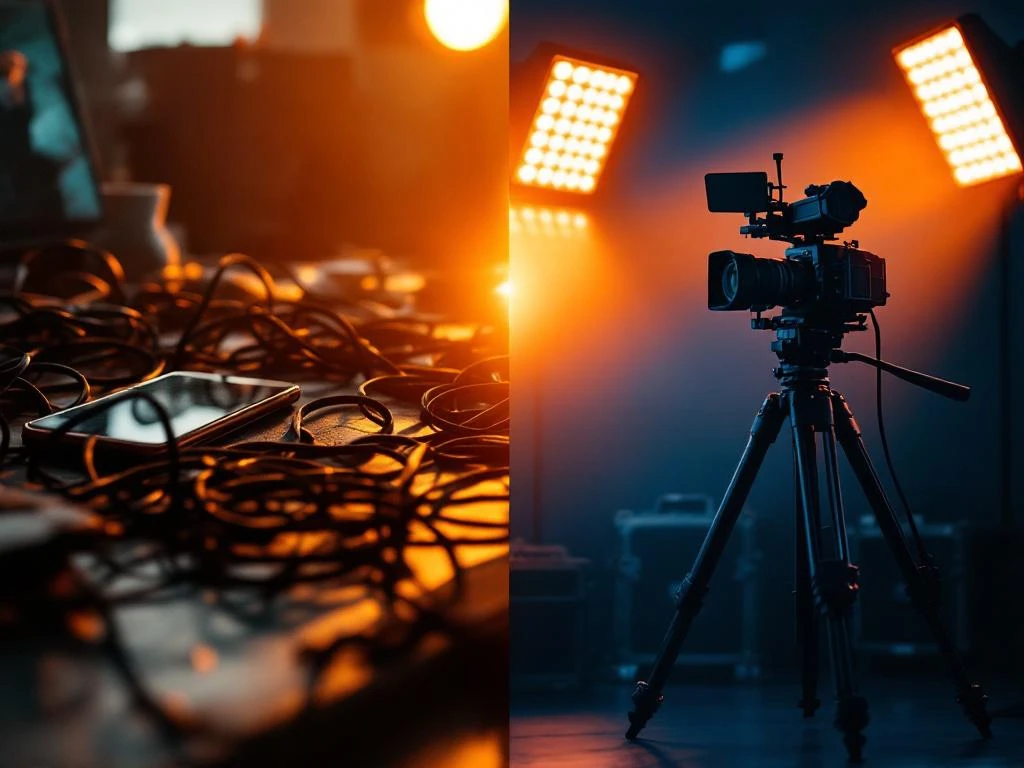Split-screen vergelijking tussen amateur smartphone en professionele filmcamera met studioverlichting