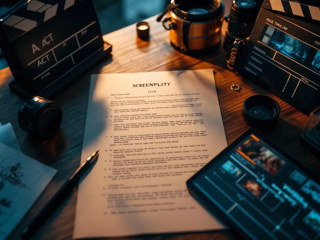 Filmscript met drieactenstructuur op houten bureau omringd door filmapparatuur en storyboards in warme studioverlichting