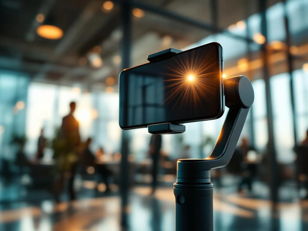 Smartphone op gimbal stabilisator in modern kantoor met natuurlijk licht en bewegende silhouetten op achtergrond
