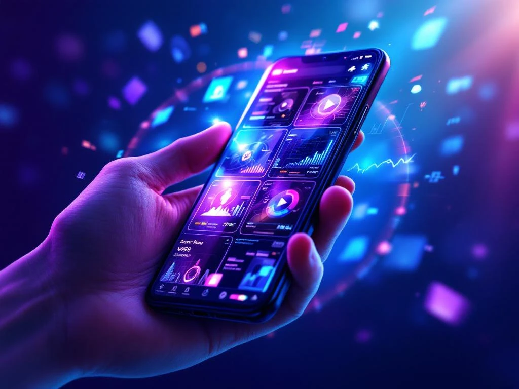 Smartphone met grid van korte video's en holografische UI-elementen in blauw en paars tegen moderne achtergrond