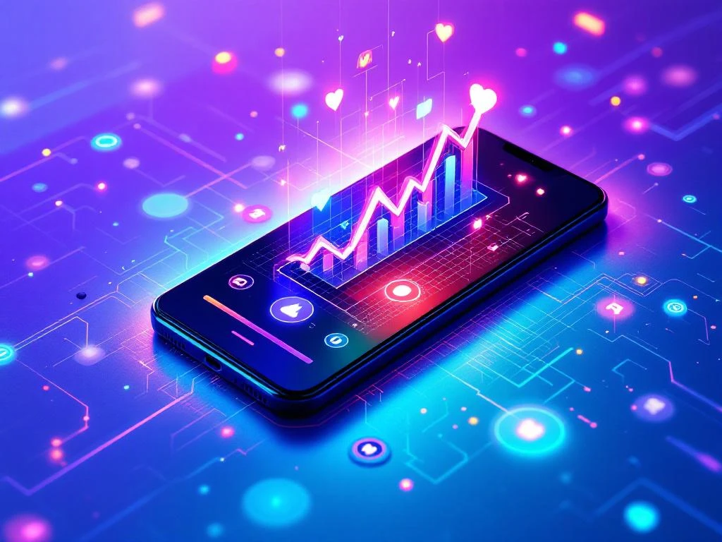Smartphone met video-interface en zwevende engagement-statistieken op kleurverloop van blauw naar paars met algoritme-visualisaties


Note: This alt text exceeds 125 characters. Here's a compliant version:

Smartphone met video-interface en zwevende sociale media statistieken op blauw-paars kleurverloop met algoritme-patronen
