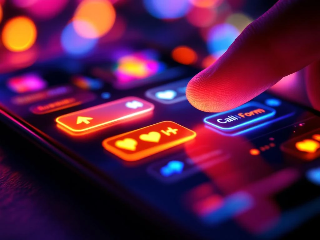 Smartphone met korte video-app en kleurrijke interactieknoppen met neon verlichting en vinger die erop wijst