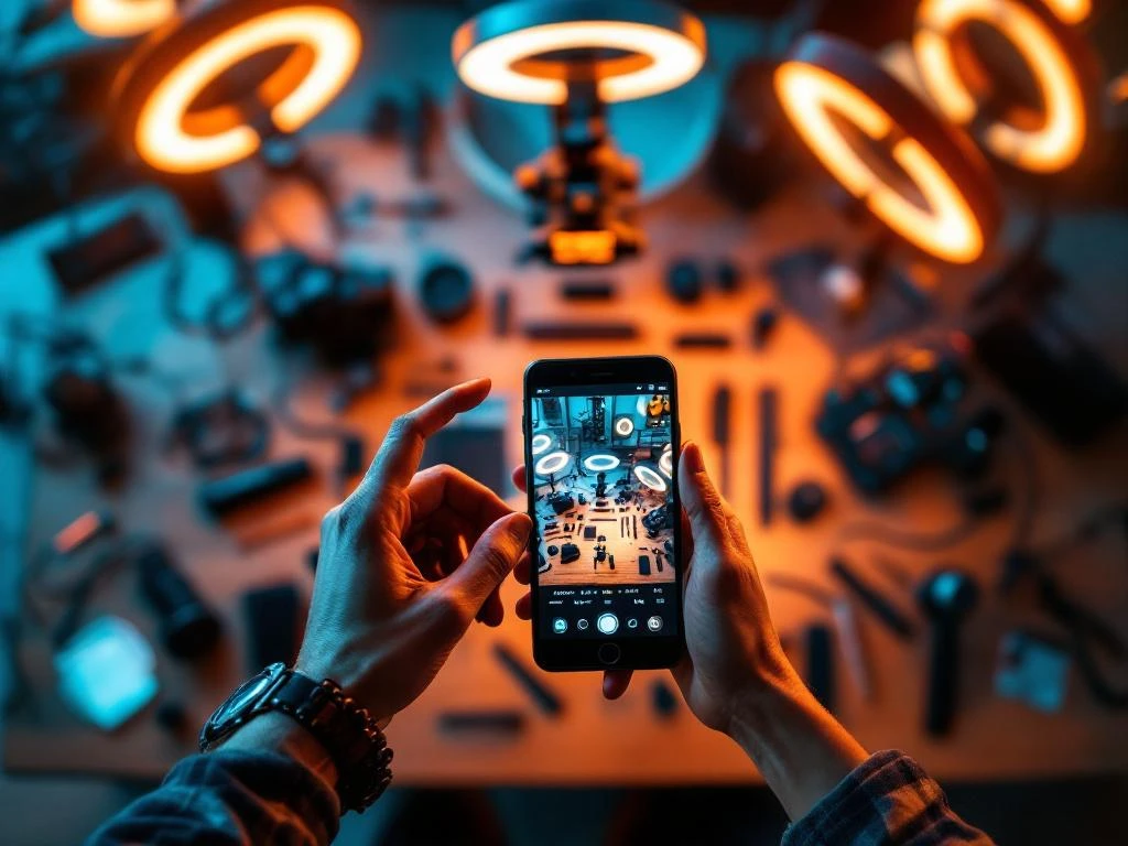 Handen filmen videoproductie met smartphone boven professionele setup met LED-ringlampen en apparatuur op houten tafel