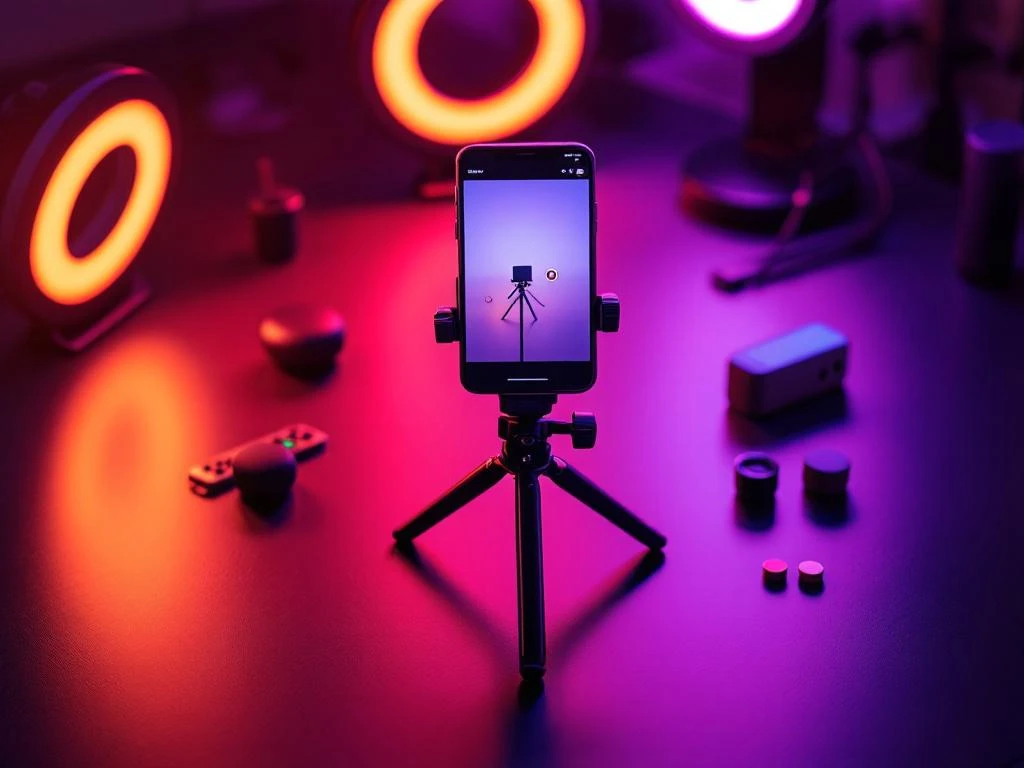 Smartphone op ministatiefje met productvideo omringd door ringlampen en kleurrijke verlichting op zwarte ondergrond