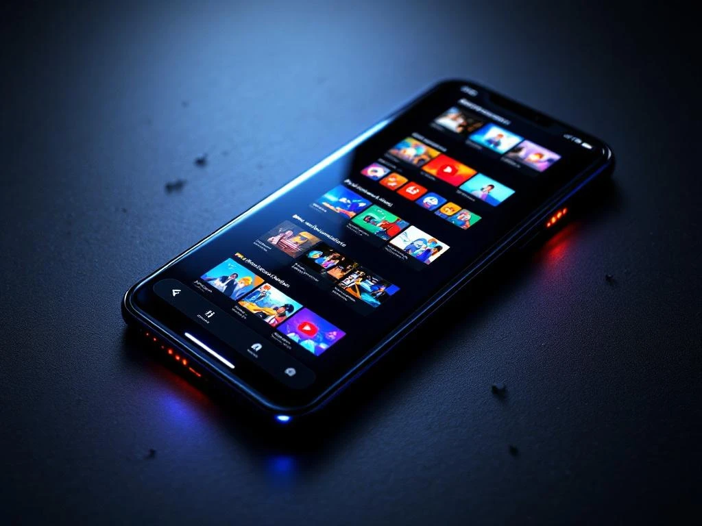 Smartphone met verticale video-tijdlijn en kleurrijke thumbnails op zwart oppervlak met dramatische verlichting
