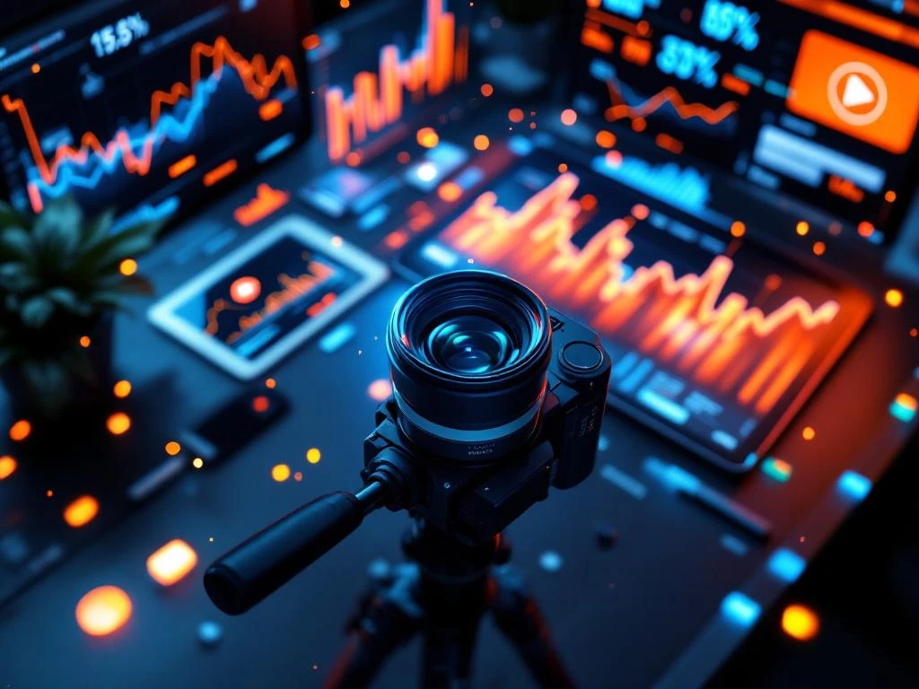 Videocamera op statief met holografische analytics dashboards en grafieken in oranje en blauw voor performance meting