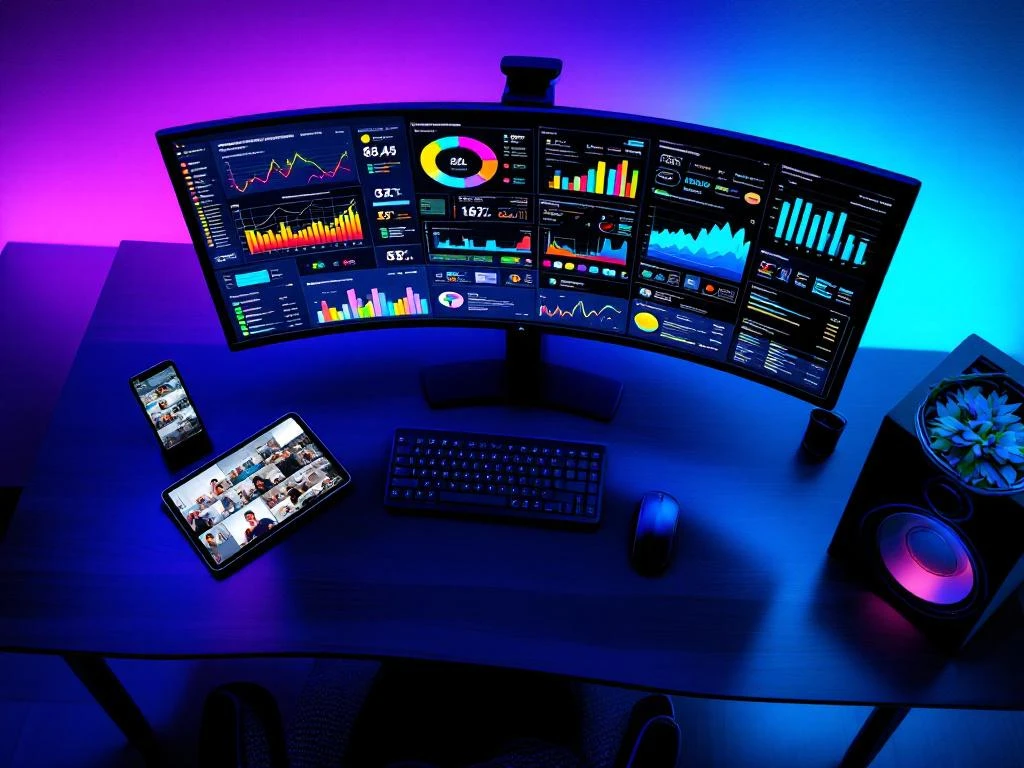 Moderne werkplek met gebogen monitor met kleurrijke analytics dashboards, tablet en smartphone met video-interfaces