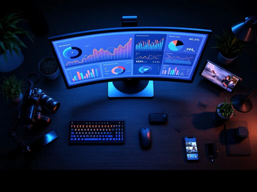 Bovenaanzicht van modern werkstation met 4K-monitor met analytics dashboards, filmcamera en videoproductieapparatuur op bureau.