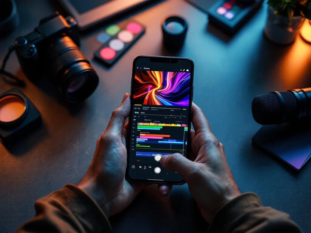 Smartphone met video-editing interface op bureau omringd door professionele filmapparatuur en kleurenkaarten