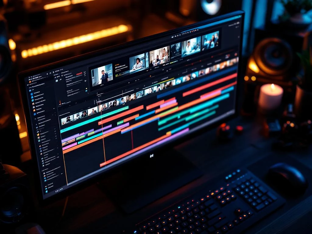 Professionele videobewerkingstijdlijn op monitor met kleurrijke tracks, snedes en overgangen in moderne studio
