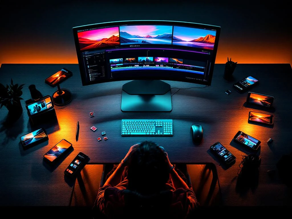 Vogelperspectief van moderne videobewerkingsruimte met monitor, smartphones in spiraal en oranje-teal verlichting op bureau


```
Character count: 123
```