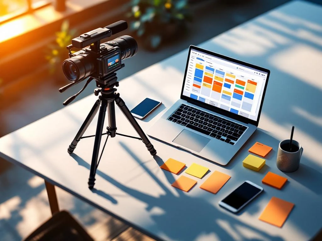 Videocamera op statief naast laptop met contentkalender, omringd door tablet, notities en smartphone op modern bureau