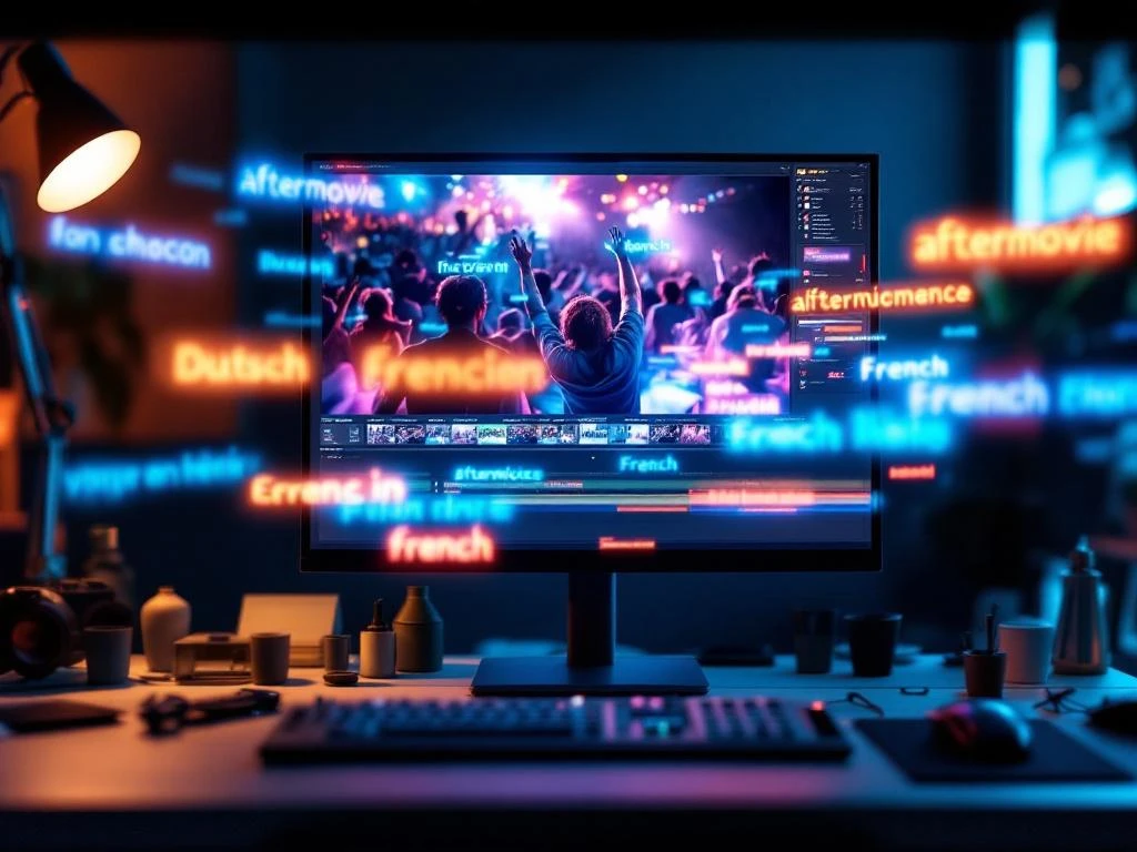 Videobewerking monitor met veelkleurige ondertiteling tijdlijn en zwevende meertalige ondertitel panelen in blauw en oranje