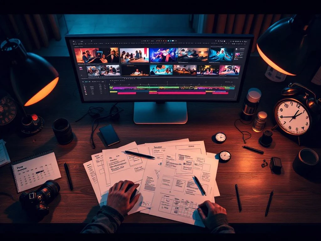 Filmmontagetijdlijn op scherm met camera, storyboards en productiekalender op bureau van filmmaker