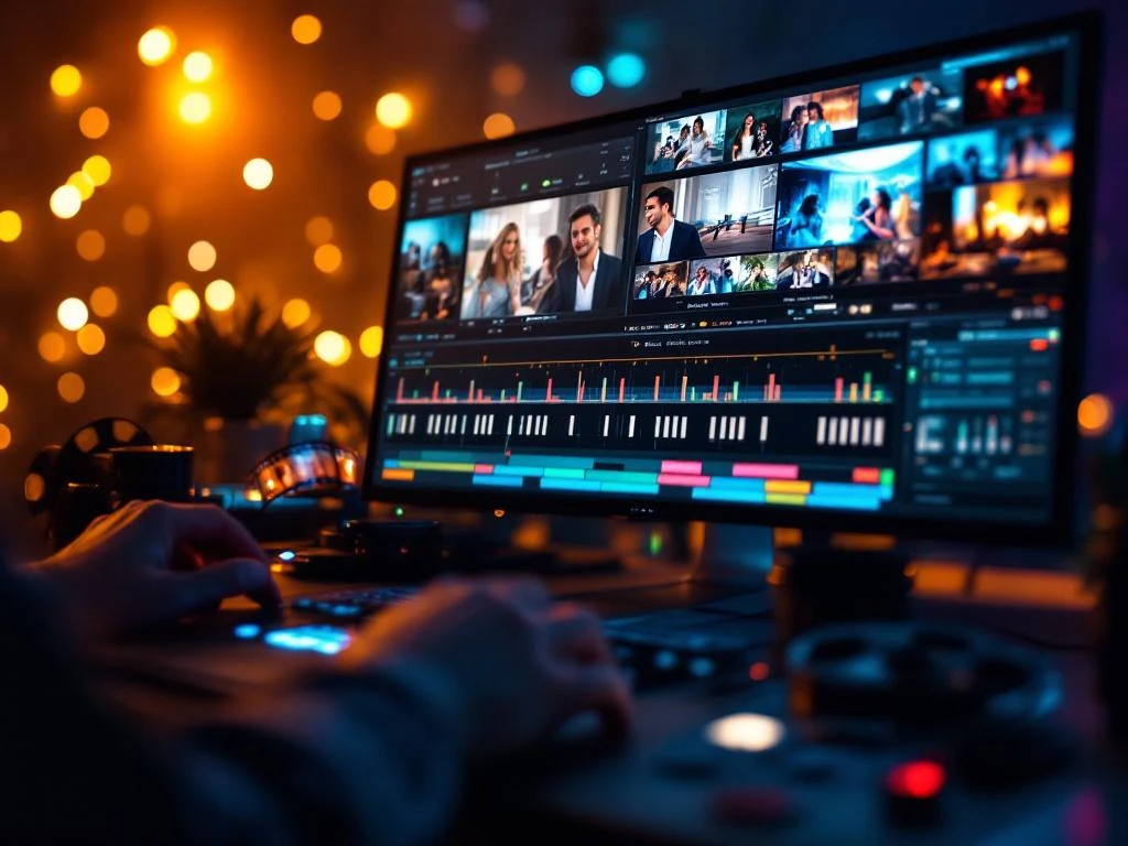 Filmmaker bewerkt aftermovie op videobewerkingstijdlijn met mixpaneel, filmrollen en bokeh-verlichting in studio