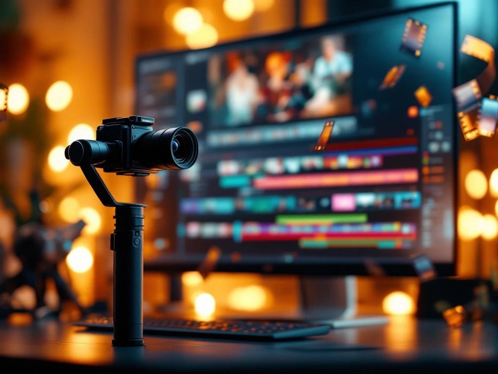 Professionele video-editor werkplek met monitor, tijdlijn, camera op gimbal en warme cinematografische verlichting
