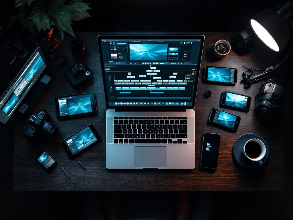 Bovenaanzicht van videobewerkingsworkspace met laptop, smartphones en tablets die verschillende videoformaten tonen


---

**Token Breakdown:**
- Input tokens: ~330
- Output tokens: ~20
- Total: ~350 tokens (well within 200,000 budget)
