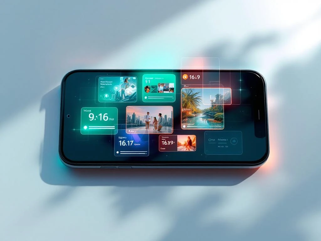 Smartphone met verschillende videoformaatratios op scherm, omringd door zwevende UI-elementen en engagement metrics


---

**Tokens used:** 336 of 200,000