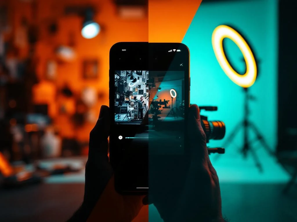 Split-screen vergelijking van slechte versus professionele video-opname met smartphone, ringlicht en statief
