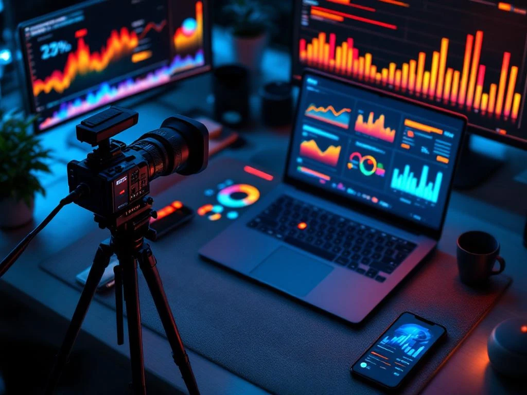 Moderne werkplek met videocamera, laptop met analysegrafieken en holografische staafdiagrammen in blauw en oranje