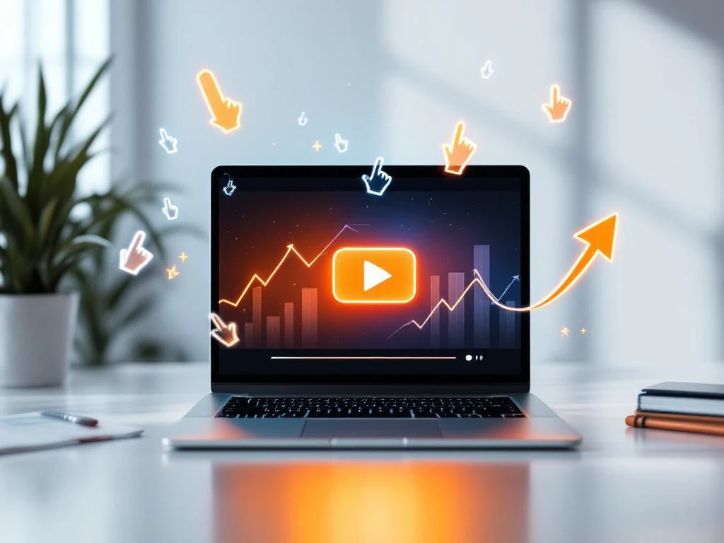 Laptop met videospeler en afspeelknop op bureau, omringd door cursors en stijgende grafieken voor engagement