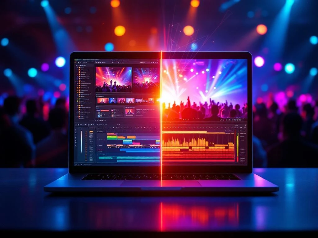 Laptop met schermopname naast live evenement met podiumverlichting en videobewerkingstijdlijn in 4K-kwaliteit