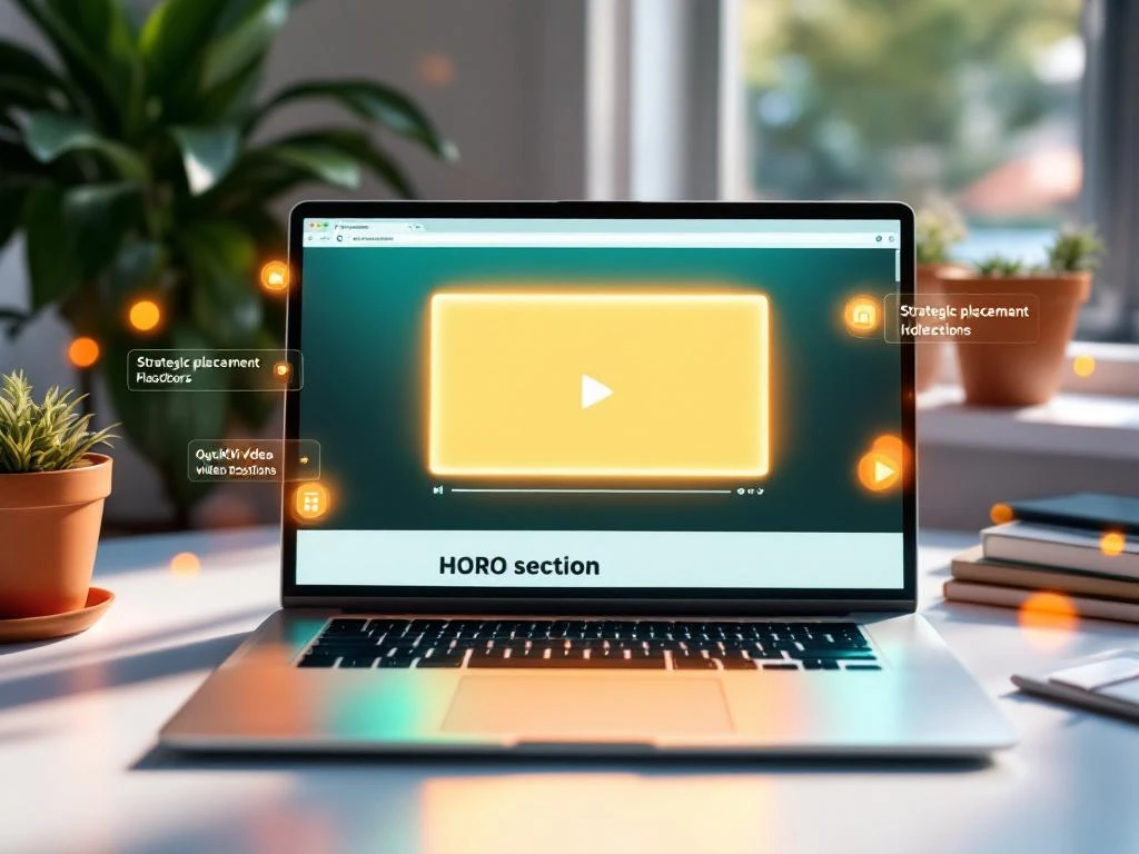 Laptop met minimalistische website en videospeler in hero-sectie, omringd door holografische plaatsingsmarkeringen op wit bureau