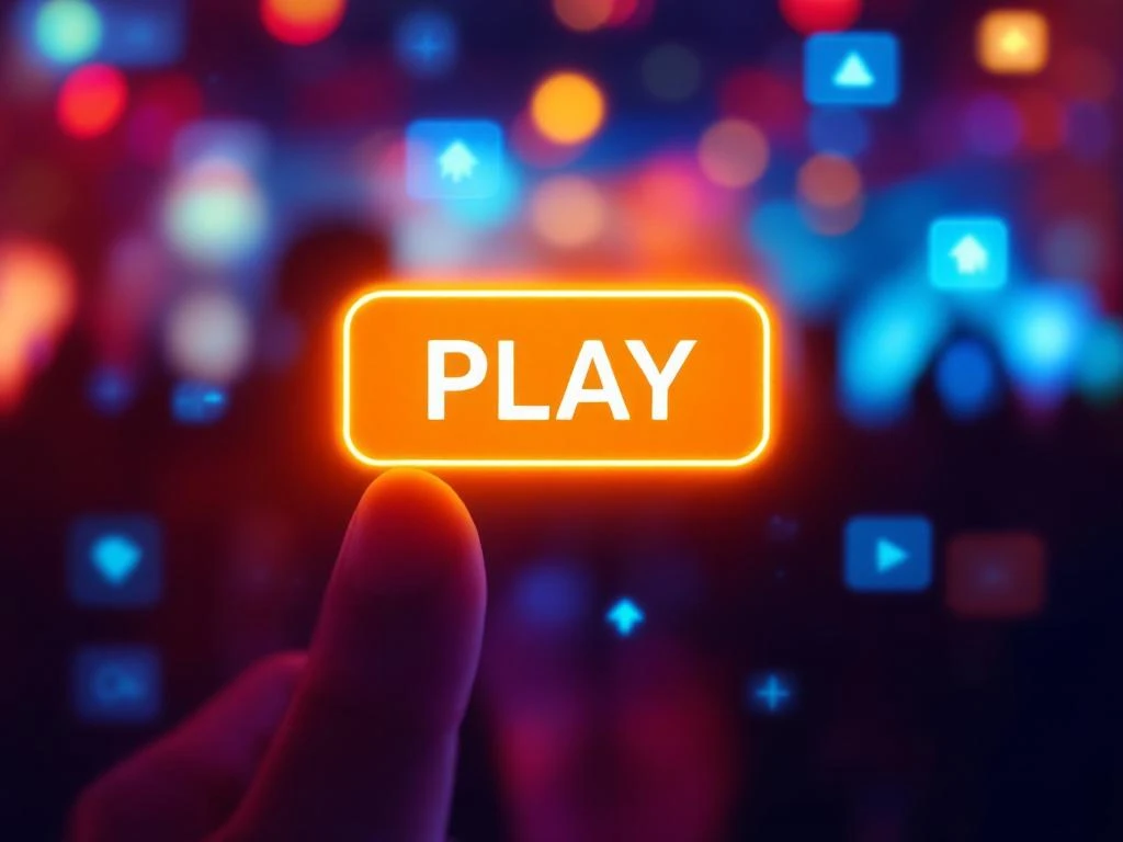 Vinger boven oranje afspeelknop op video-interface met verlichte evenementscène op achtergrond