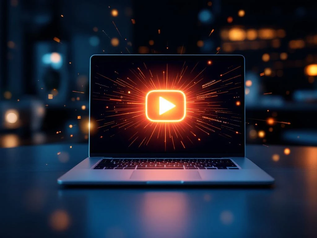 Moderne laptop met videospeler-interface en holografische code-elementen op minimalistisch bureau met dramatische verlichting